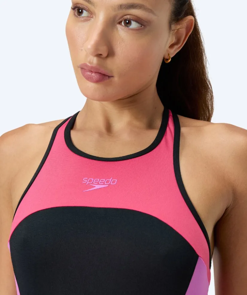 Online Speedo badedragt til damer - Splice Cross Back - Sort/lyserød