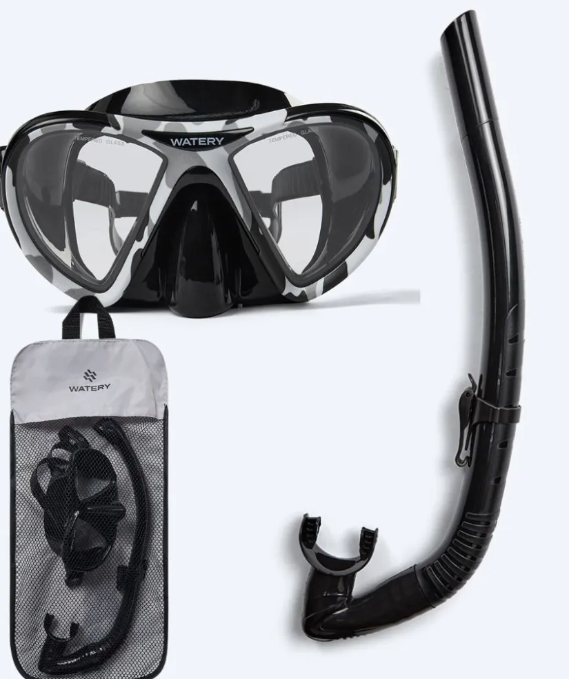 New Watery Combo snorkelsæt til voksne (fra 15 år) - Rudder Camo/Itzel - Sort
