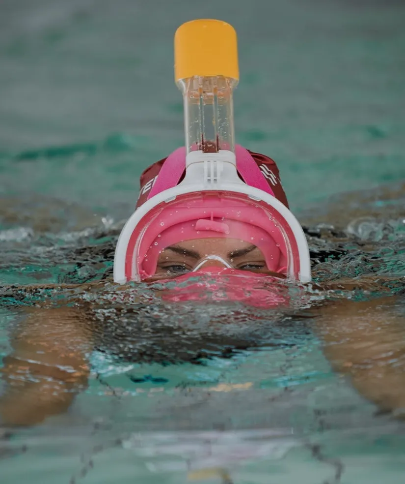 Clearance Watery fullface dykkermaske til voksne - Oxygen - Pink/gul