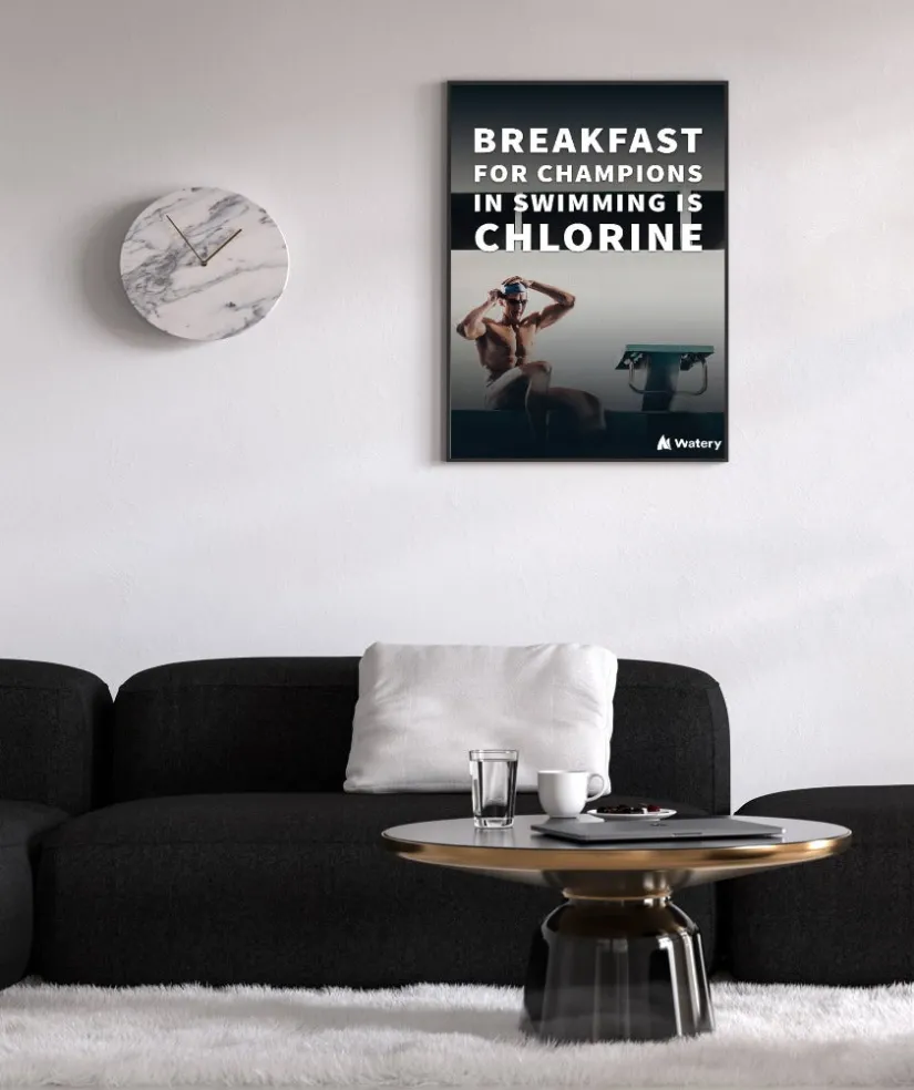 Watery svømmeplakat - Breakfast for champions in swimming is chlorine