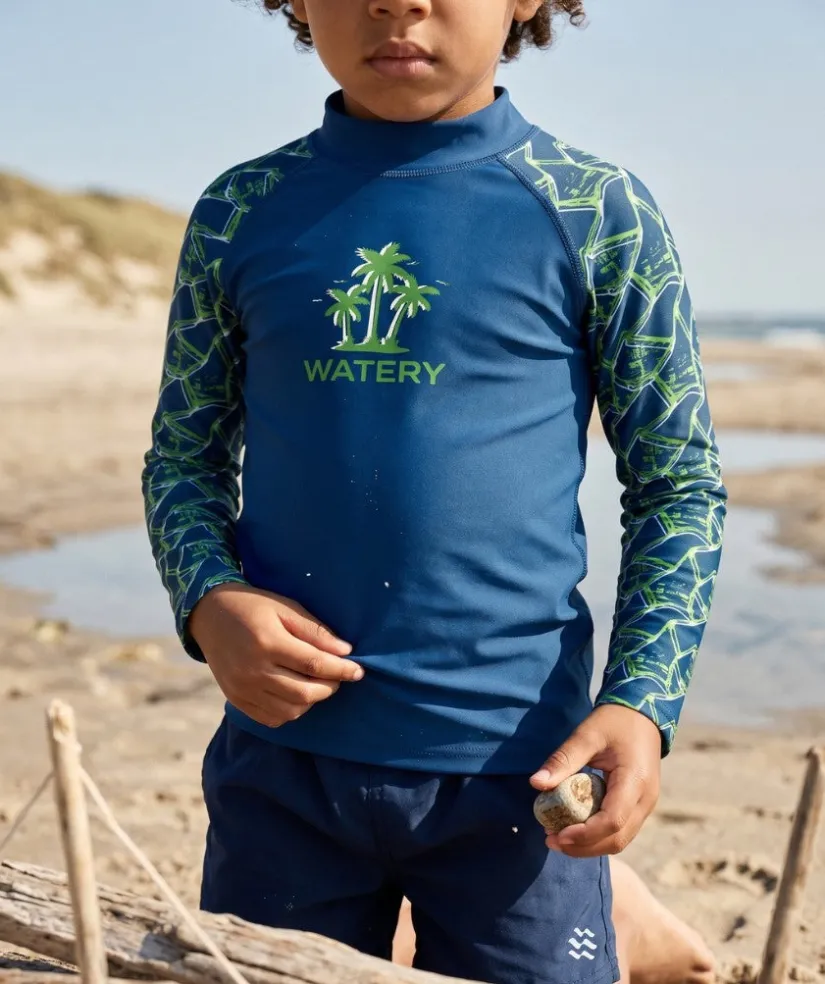Clearance Watery UV-trøje til børn - Katsu Langærmet Rashguard - Grøn/mørkeblå
