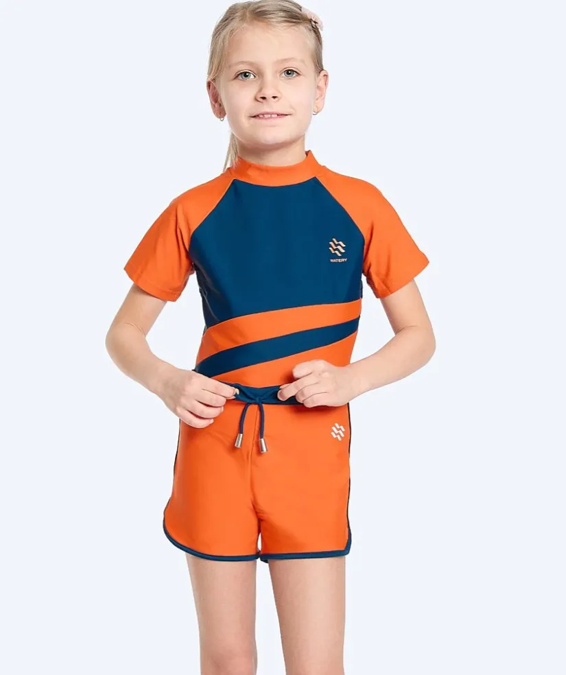 Watery UV-trøje til børn - Manami Kortærmet Rashguard - Orange/blå